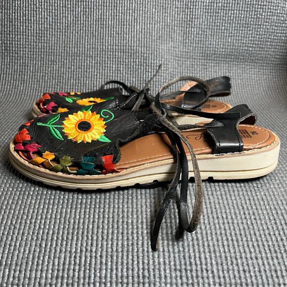 Huarache Sandals Womens 9 Black Floral Embroidered Slingback Handmade Mexican‎ - Picture 1 of 9